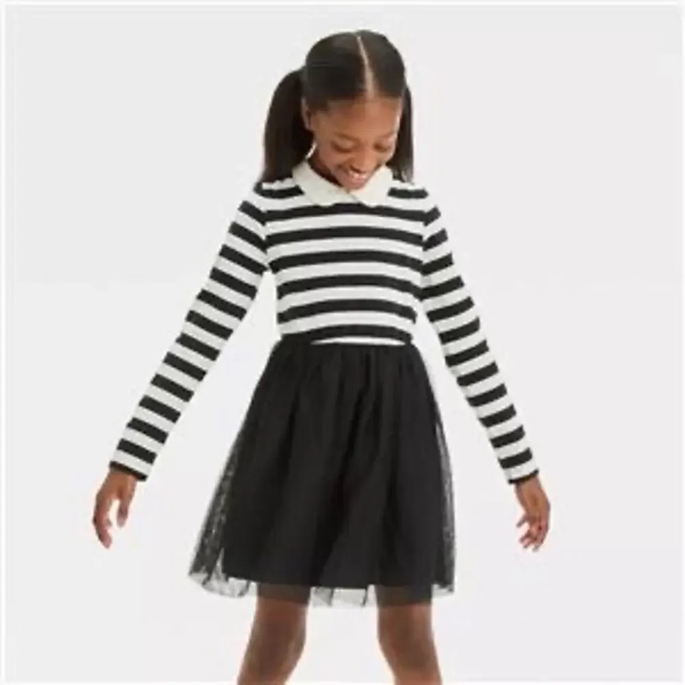 Cat & Jack Black & White Striped Tulle Skirt Dress - XS (4/5)